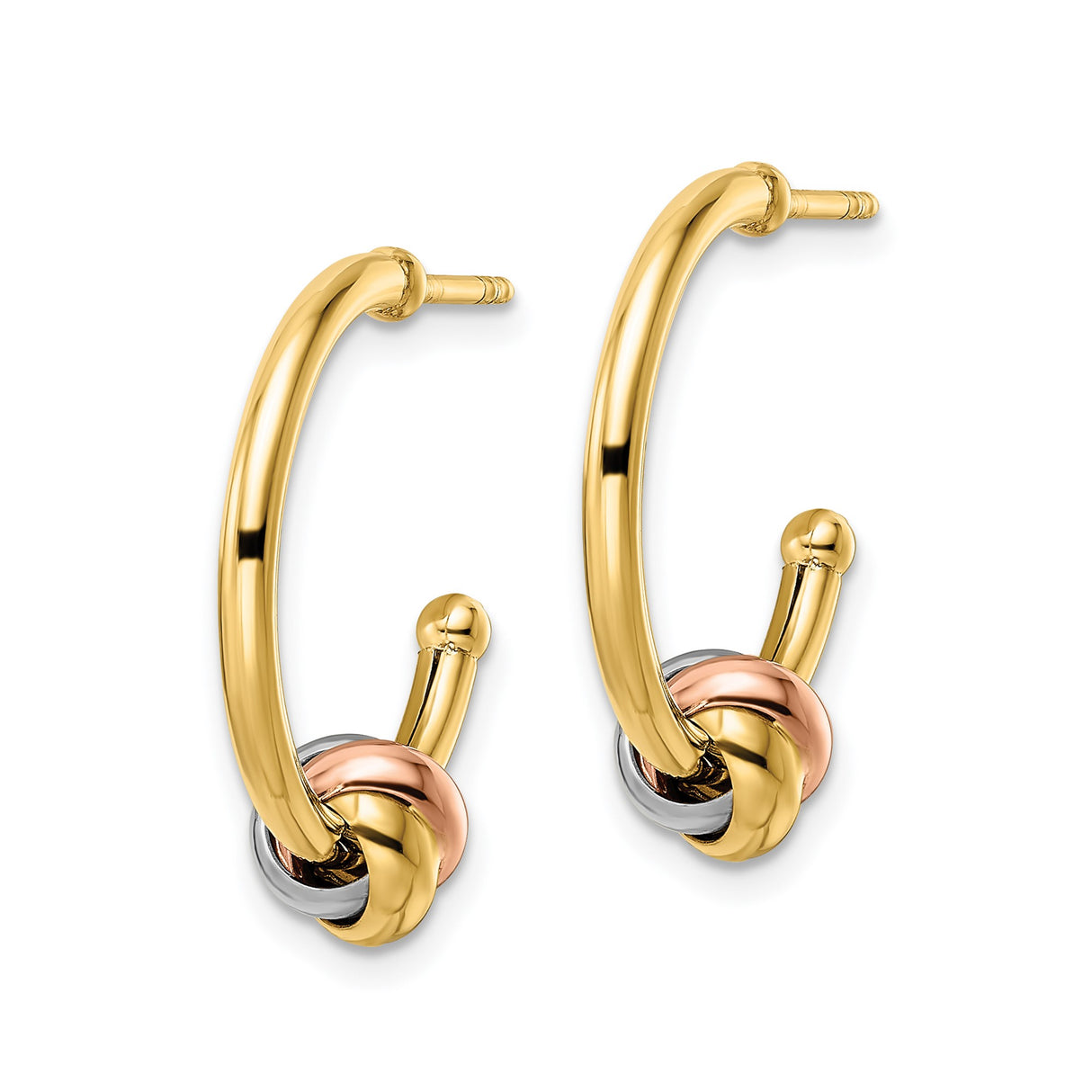 14k Yellow Gold Hoop Earrings, Tricolor Love Knot Design in Yellow, White, and Rose Gold