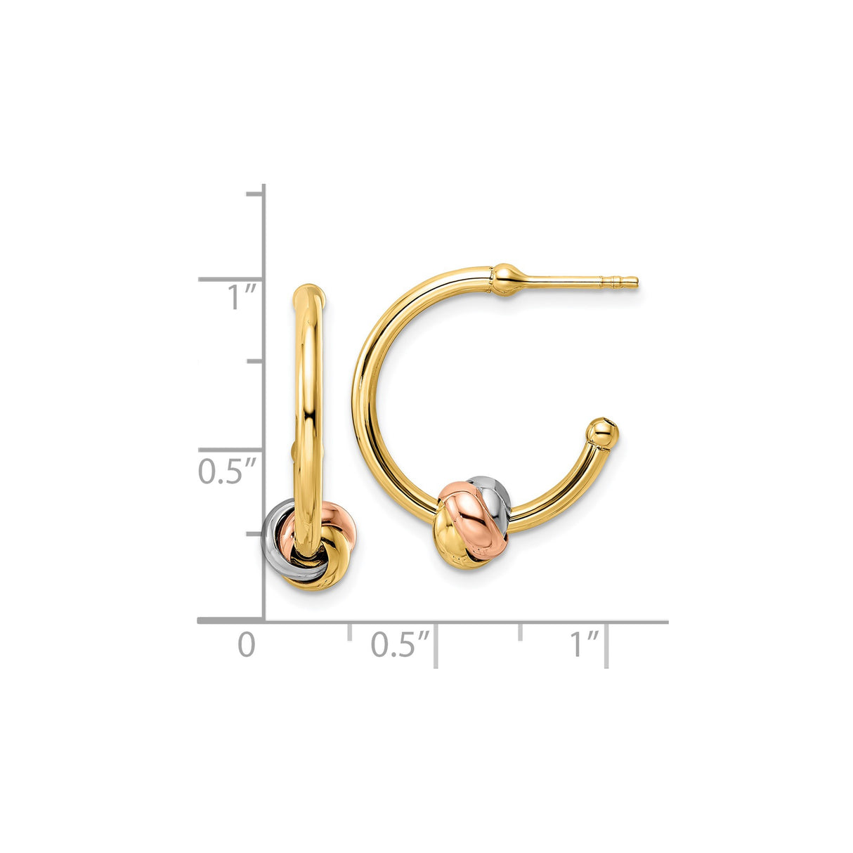 14k Yellow Gold Hoop Earrings, Tricolor Love Knot Design in Yellow, White, and Rose Gold