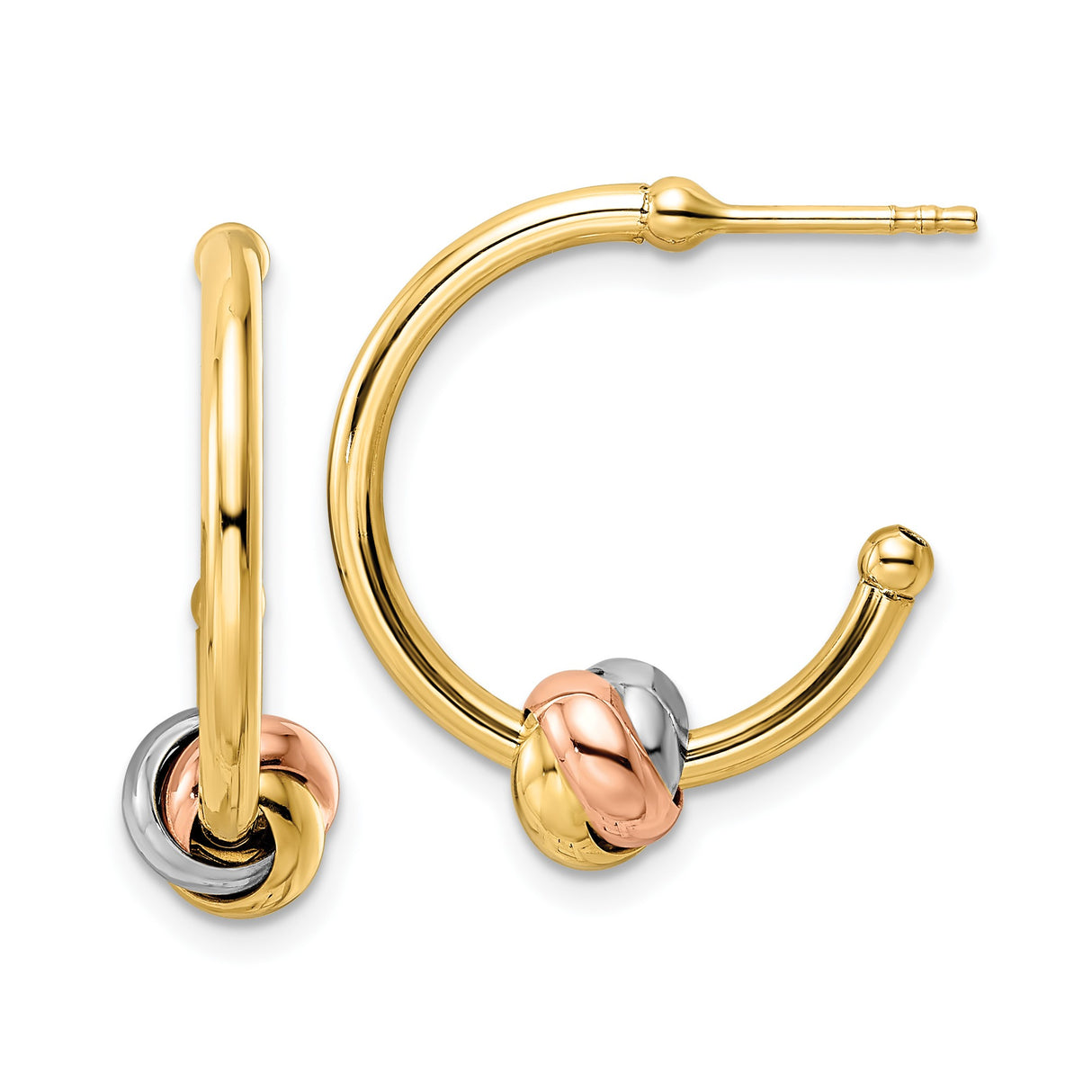 14k Yellow Gold Hoop Earrings, Tricolor Love Knot Design in Yellow, White, and Rose Gold