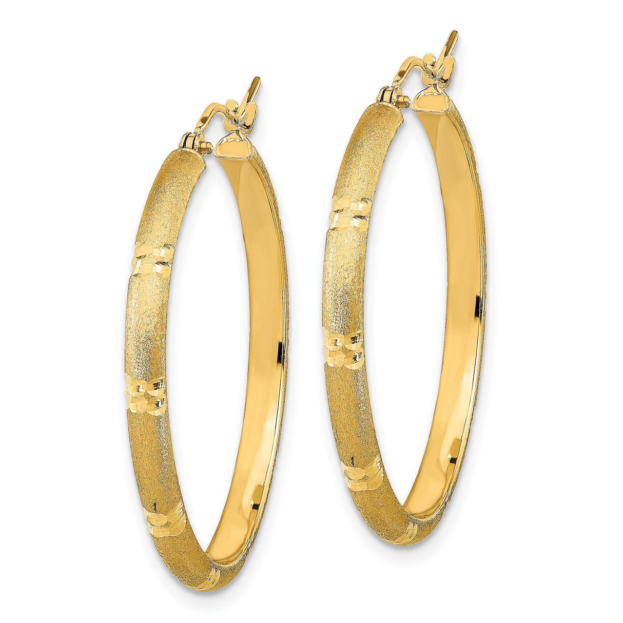 14k Yellow Gold Hoop Earrings, Satin Finish with Textured Round Design and Diamond Cut Accents