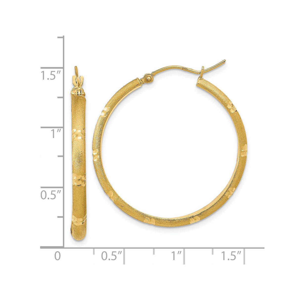 14k Yellow Gold Hoop Earrings, Satin Finish with Textured Round Design and Diamond Cut Accents