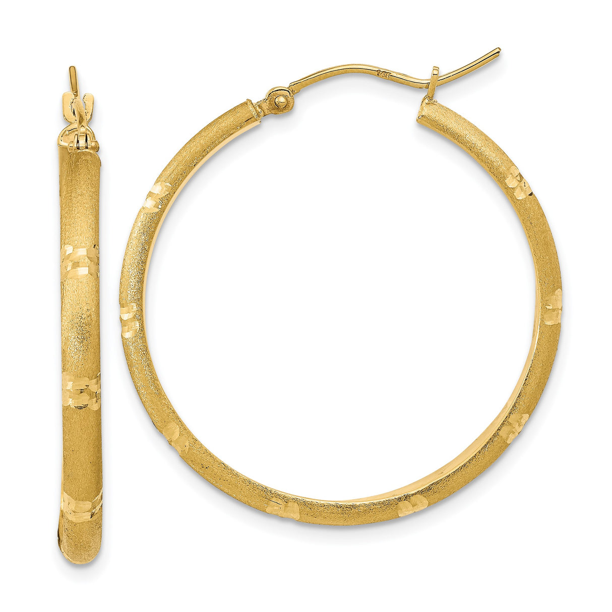 14k Yellow Gold Hoop Earrings, Satin Finish with Textured Round Design and Diamond Cut Accents