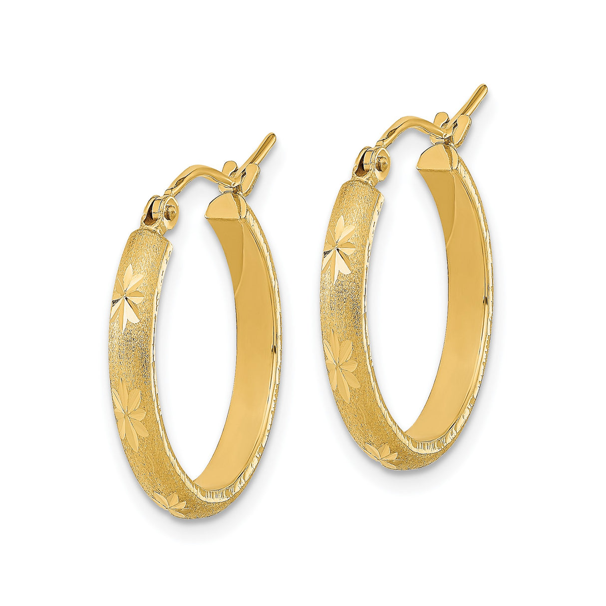 14k Yellow Gold Hoop Earrings with Etched Floral Design and Textured Satin Finish