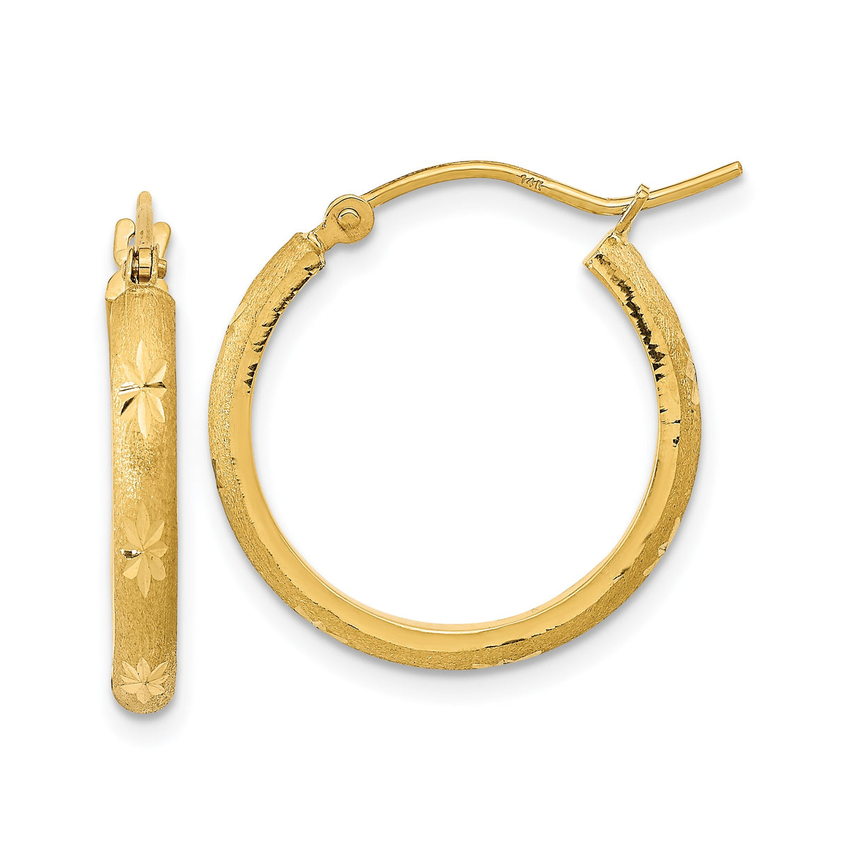 14k Yellow Gold Hoop Earrings with Etched Floral Design and Textured Satin Finish