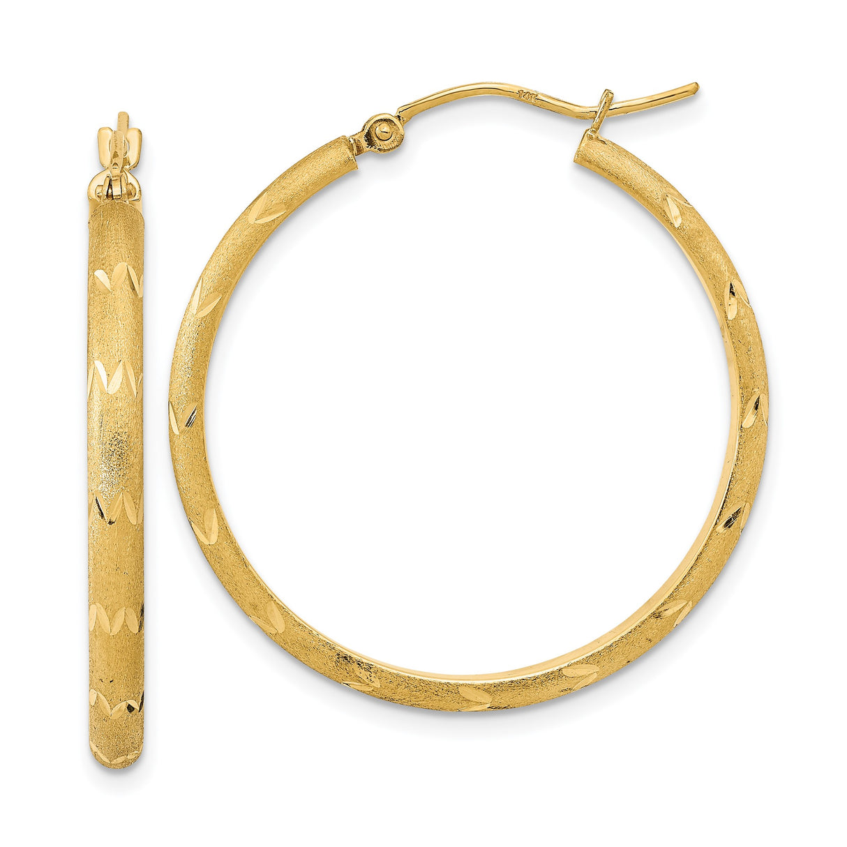 14k Yellow Gold Hoop Earrings, Polished Satin Finish with V-Cut Textured Design