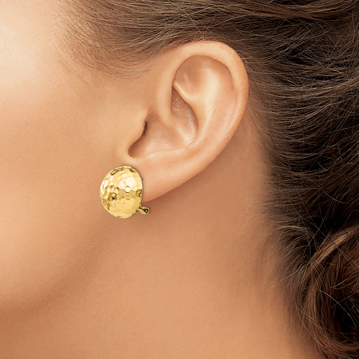 14k Yellow Gold Hammered Dome Stud Earrings, Polished Textured Half-Sphere Design for Women