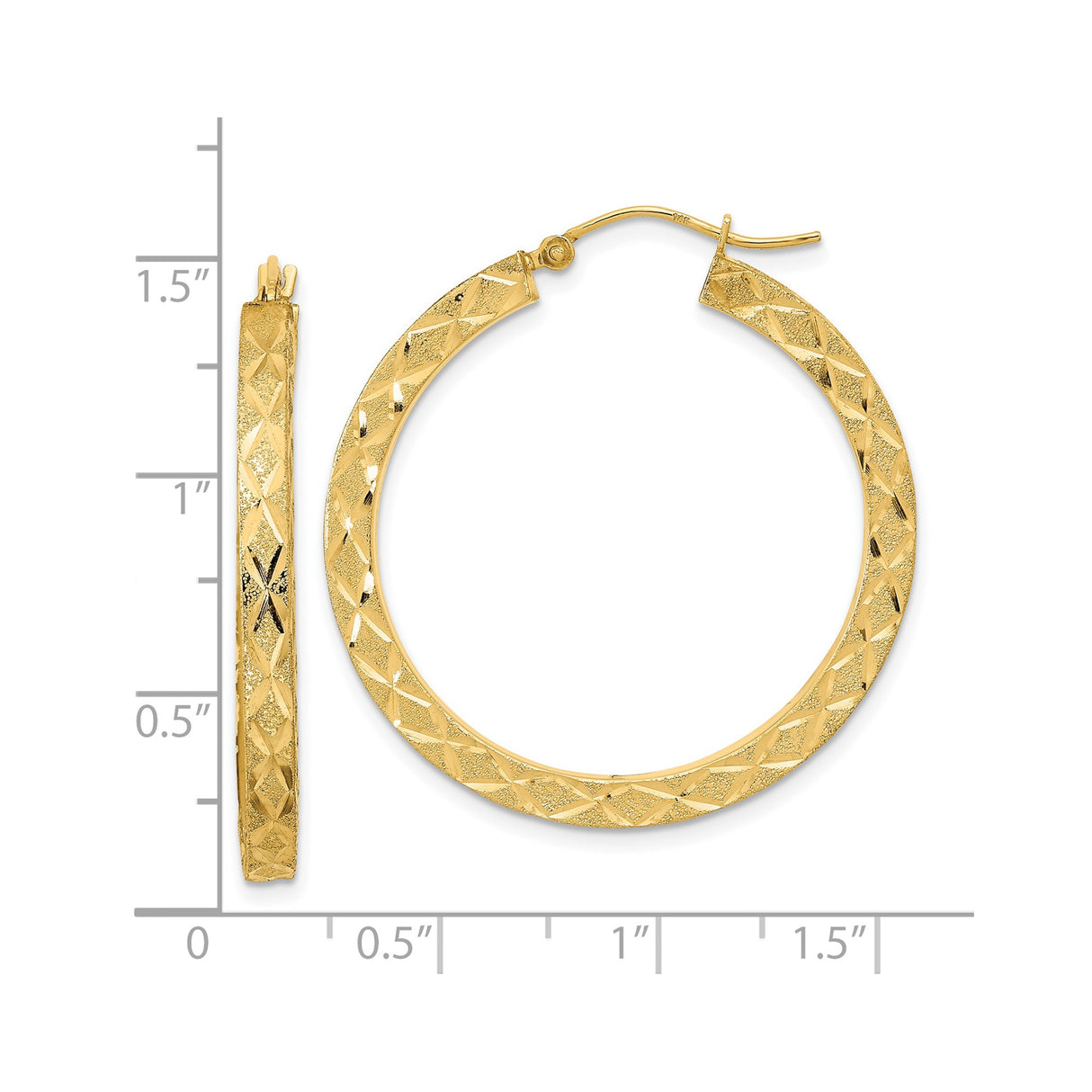 14k Yellow Gold Hoop Earrings, Large Diamond Cut Design with Satin Finish, Bold Textured Style