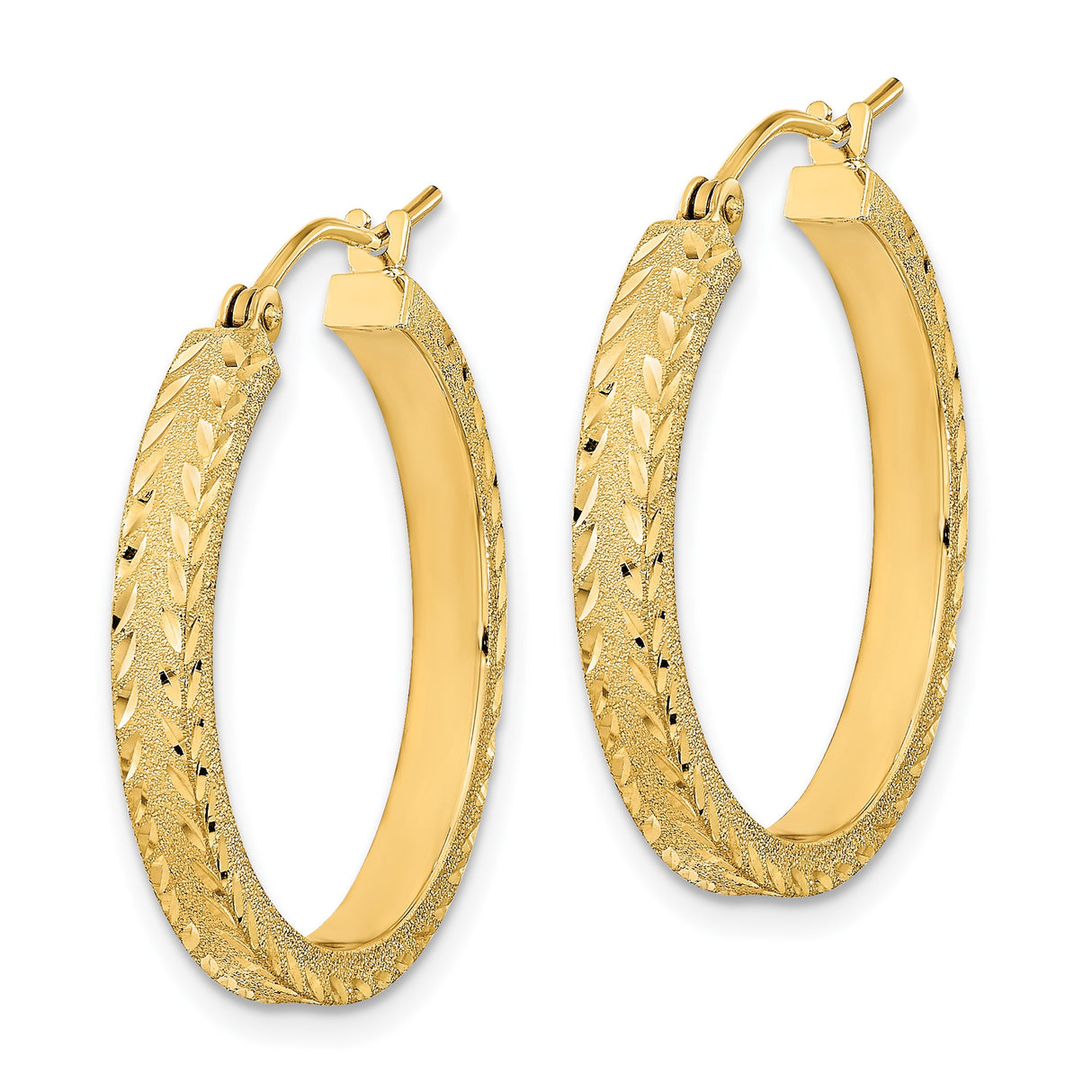 14k Yellow Gold Hoop Earrings with Diamond Cut Leaf Pattern and Satin Finish