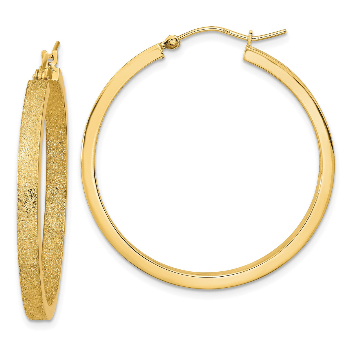 14k Yellow Gold Hoop Earrings, Textured Polished Round Design with Sandblasted Finish