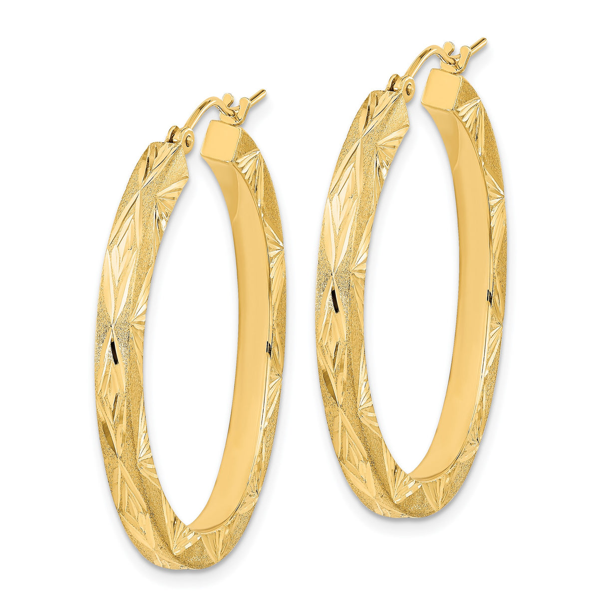 14k Yellow Gold Hoop Earrings with Etched Diamond-Cut Geometric Pattern, Lightweight Textured Design
