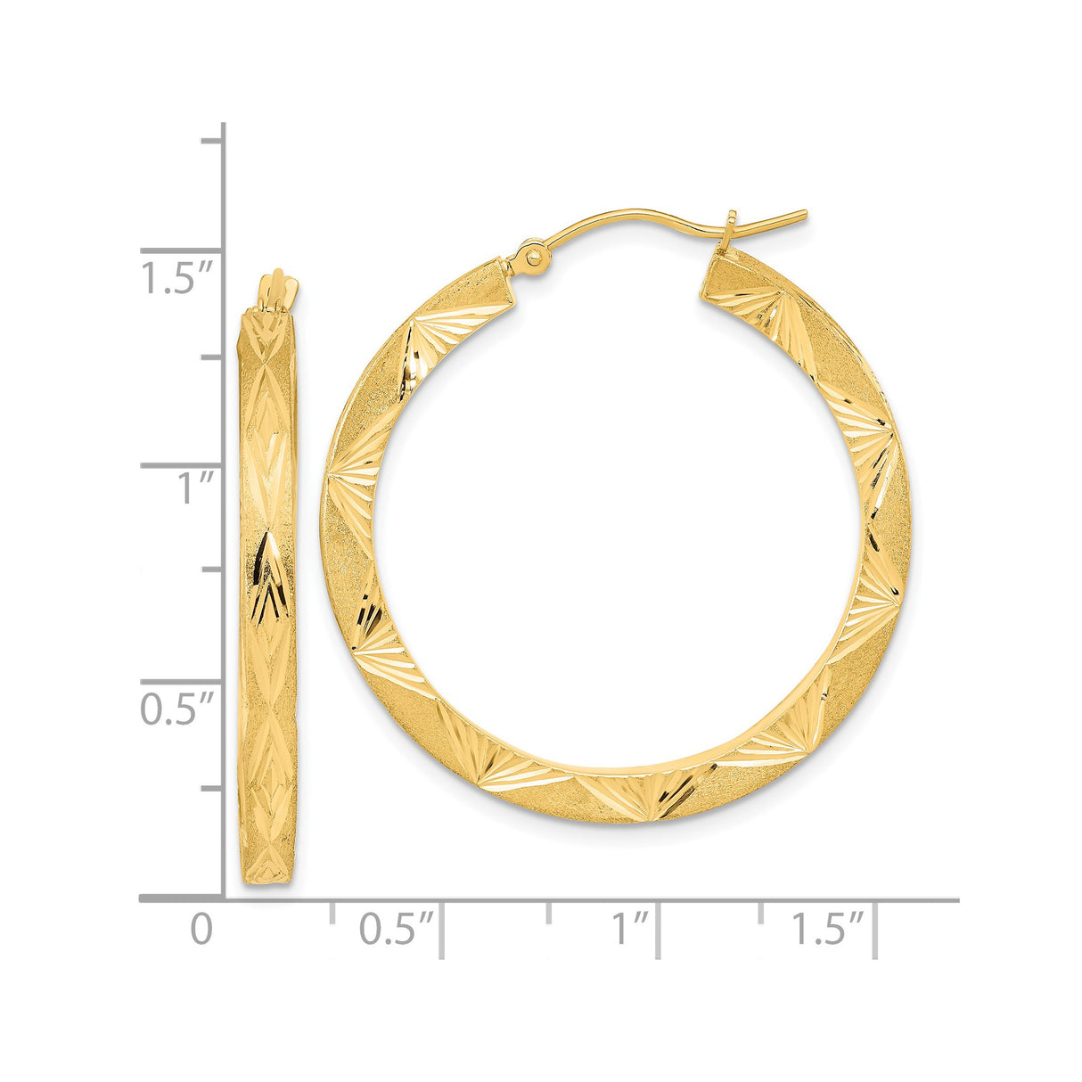 14k Yellow Gold Hoop Earrings with Etched Diamond-Cut Geometric Pattern, Lightweight Textured Design