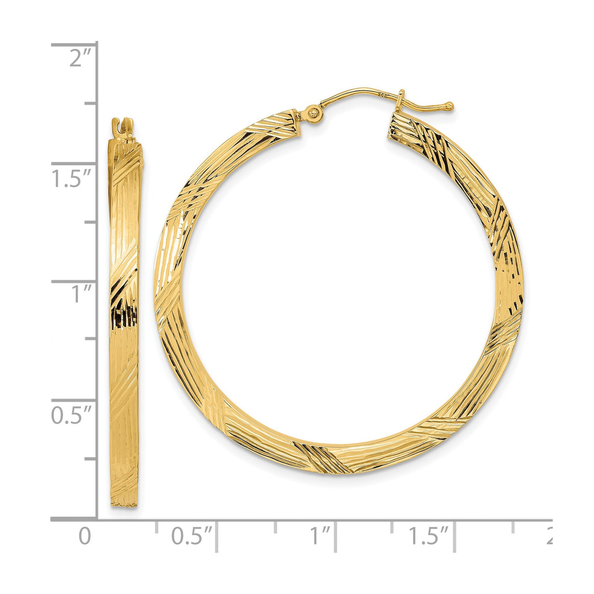 14k Yellow Gold Hoop Earrings, Large Textured Diamond Cut Design, Lightweight Modern Style