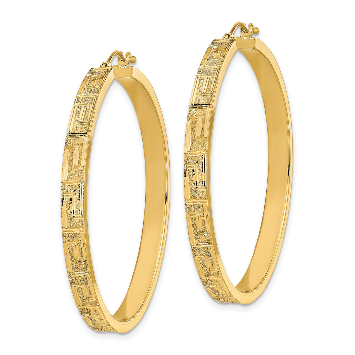 14k Yellow Gold Hoop Earrings with Textured Satin Finish and Greek Key Design for Women