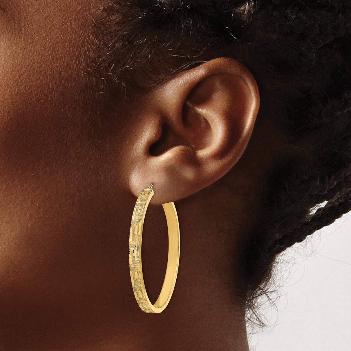 14k Yellow Gold Hoop Earrings with Textured Satin Finish and Greek Key Design for Women
