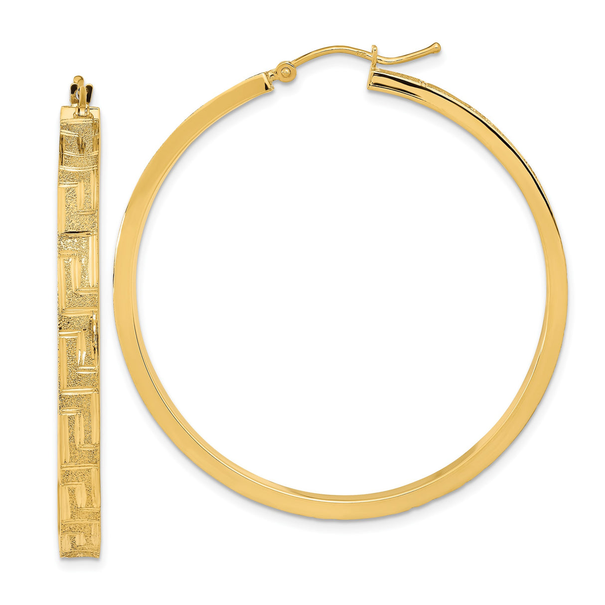 14k Yellow Gold Hoop Earrings with Textured Satin Finish and Greek Key Design for Women