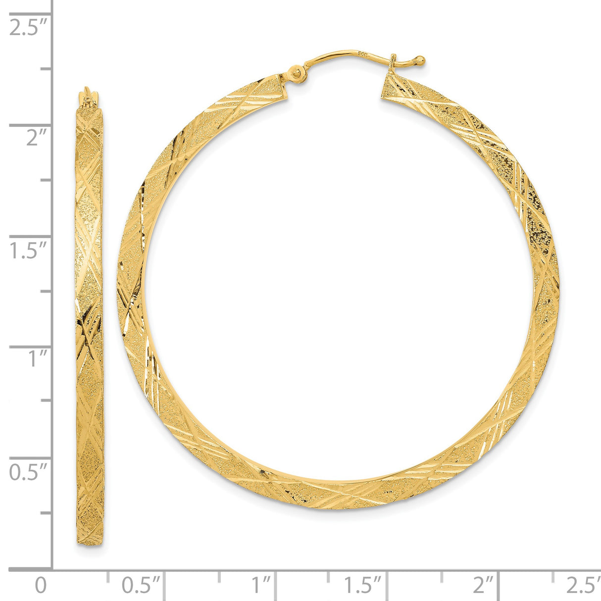 14k Yellow Gold Hoop Earrings, Large Textured Crisscross Pattern with Polished Finish