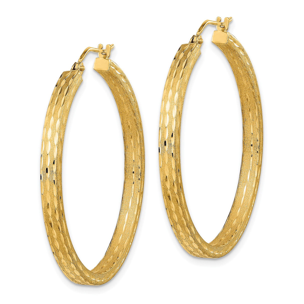 14k Yellow Gold Hoop Earrings, Diamond Cut Textured Design with Satin Finish