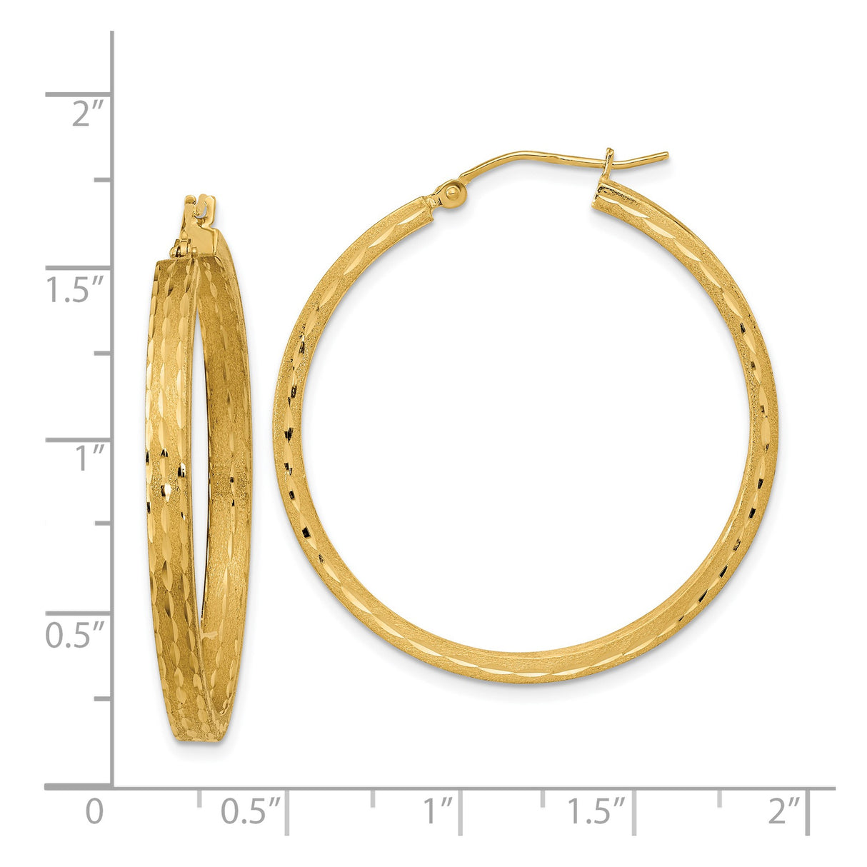 14k Yellow Gold Hoop Earrings, Diamond Cut Textured Design with Satin Finish