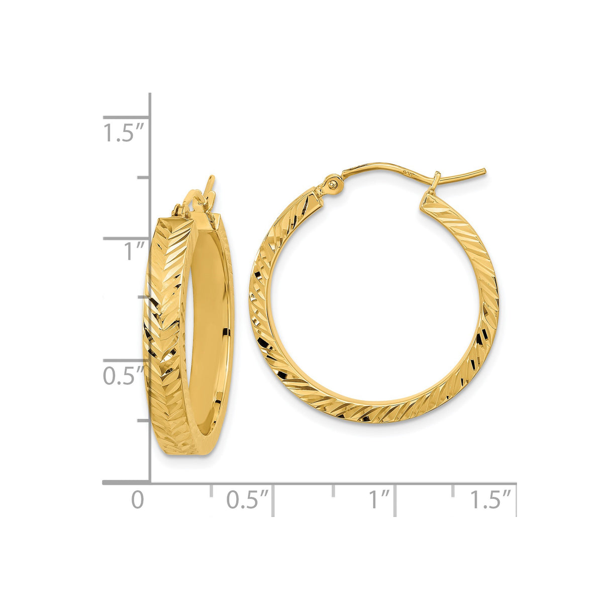 14k Yellow Gold Hoop Earrings, Polished Chevron Pattern, Textured Finish, Sleek Modern Style