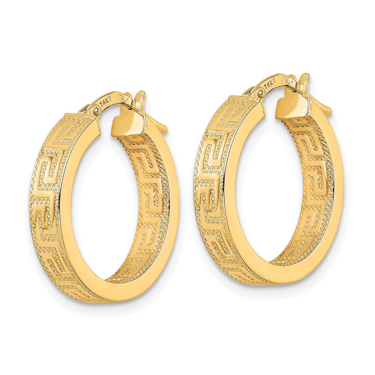 14k Yellow Gold Hoop Earrings with Greek Key Pattern, Polished Finish, Classic Medium Size
