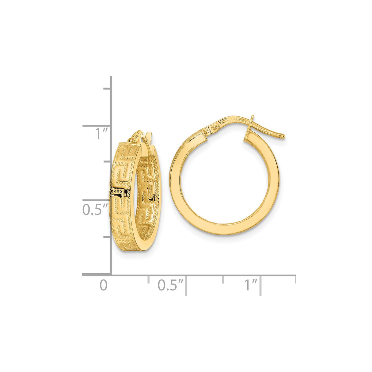 14k Yellow Gold Hoop Earrings with Greek Key Pattern, Polished Finish, Classic Medium Size