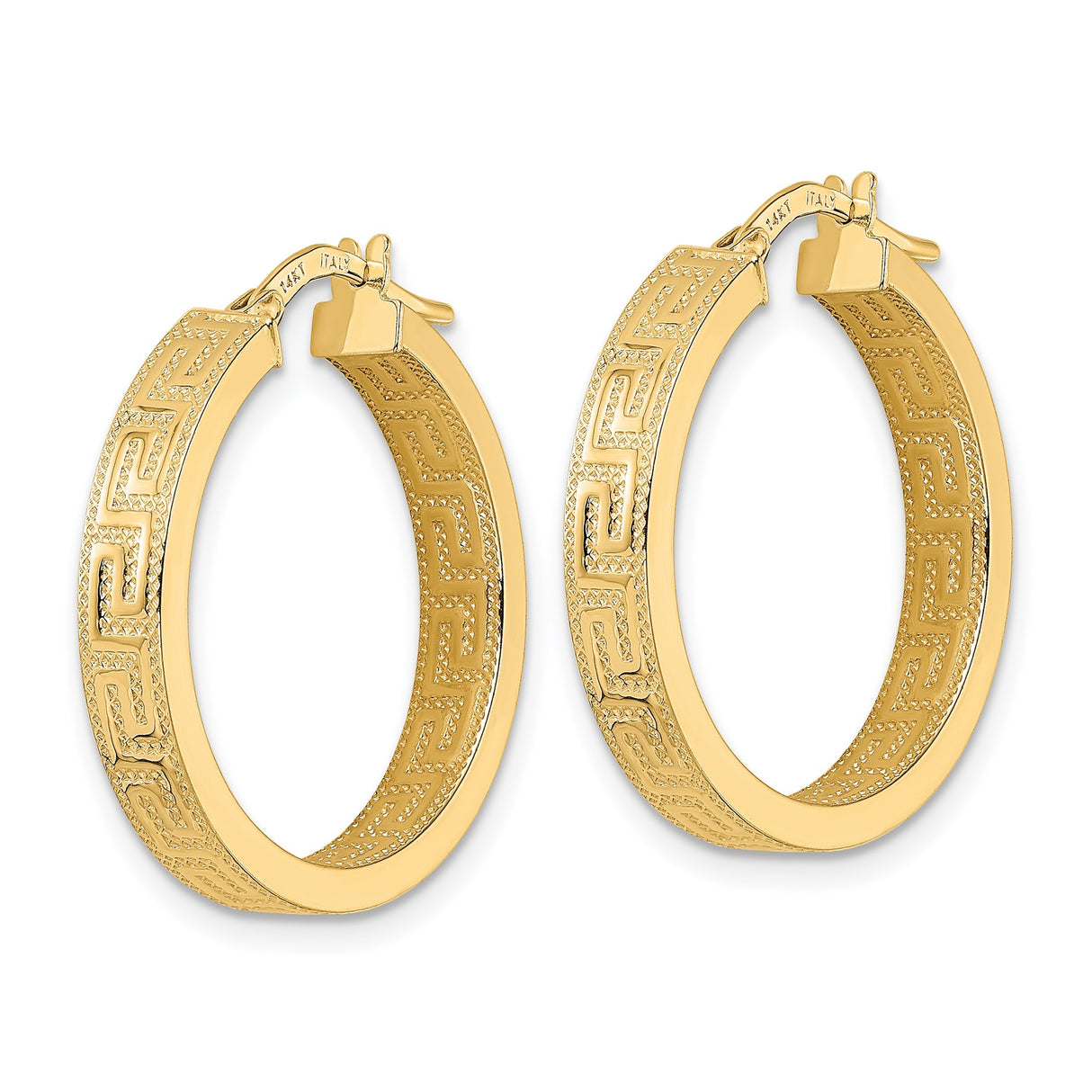 14k Yellow Gold Hoop Earrings with Greek Key Pattern, Classic Textured Design