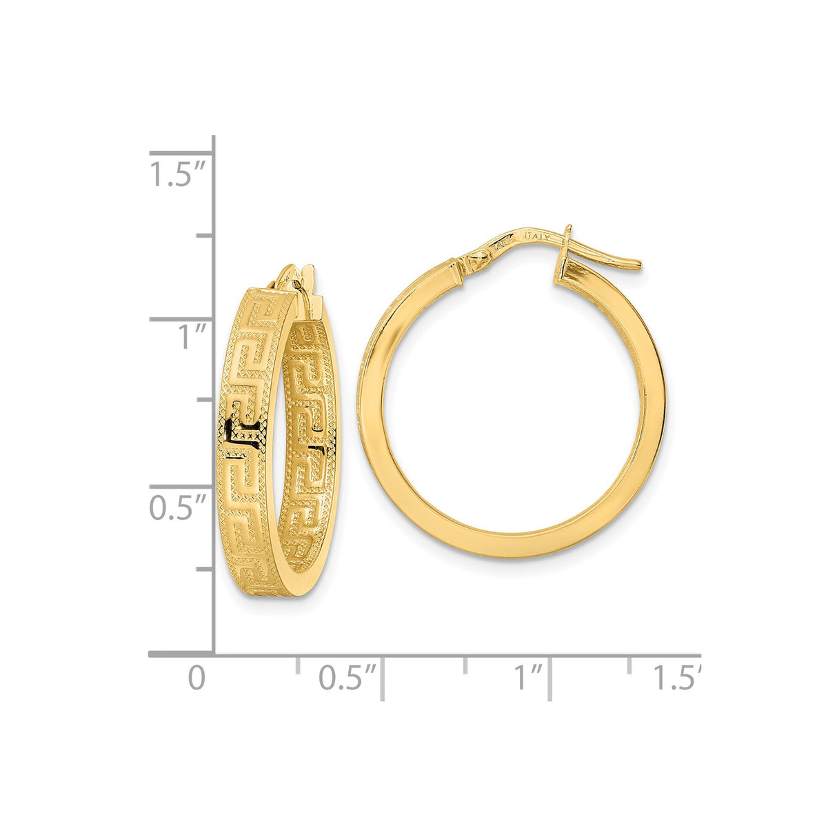 14k Yellow Gold Hoop Earrings with Greek Key Pattern, Classic Textured Design