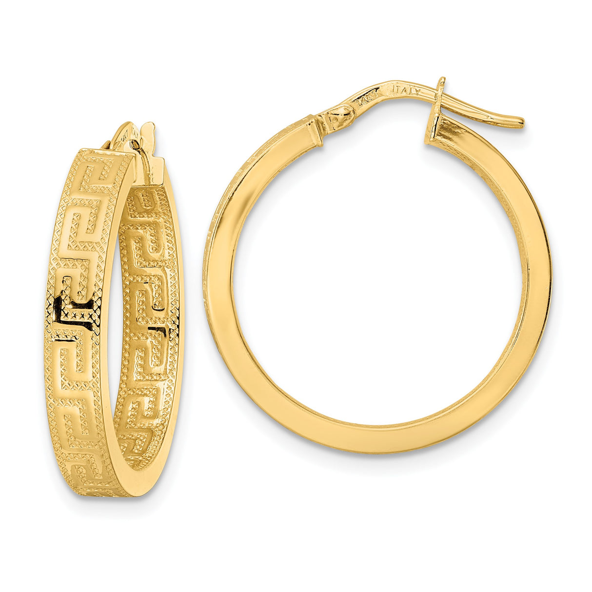 14k Yellow Gold Hoop Earrings with Greek Key Pattern, Classic Textured Design