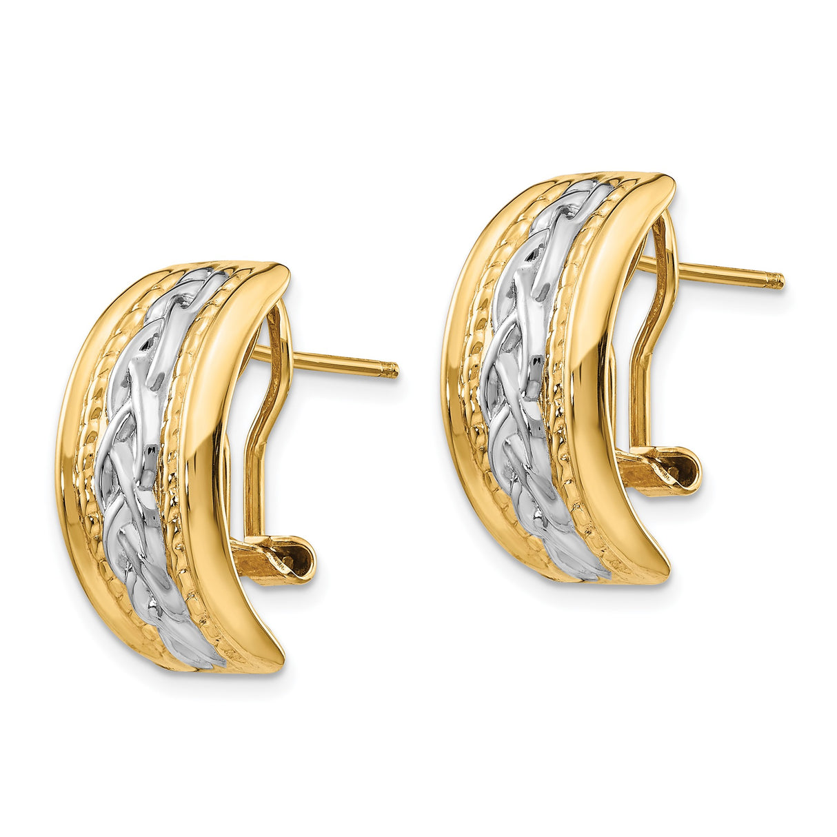 14k Yellow Gold Hoop Earrings, Braided Two-Tone Polished Design for Women