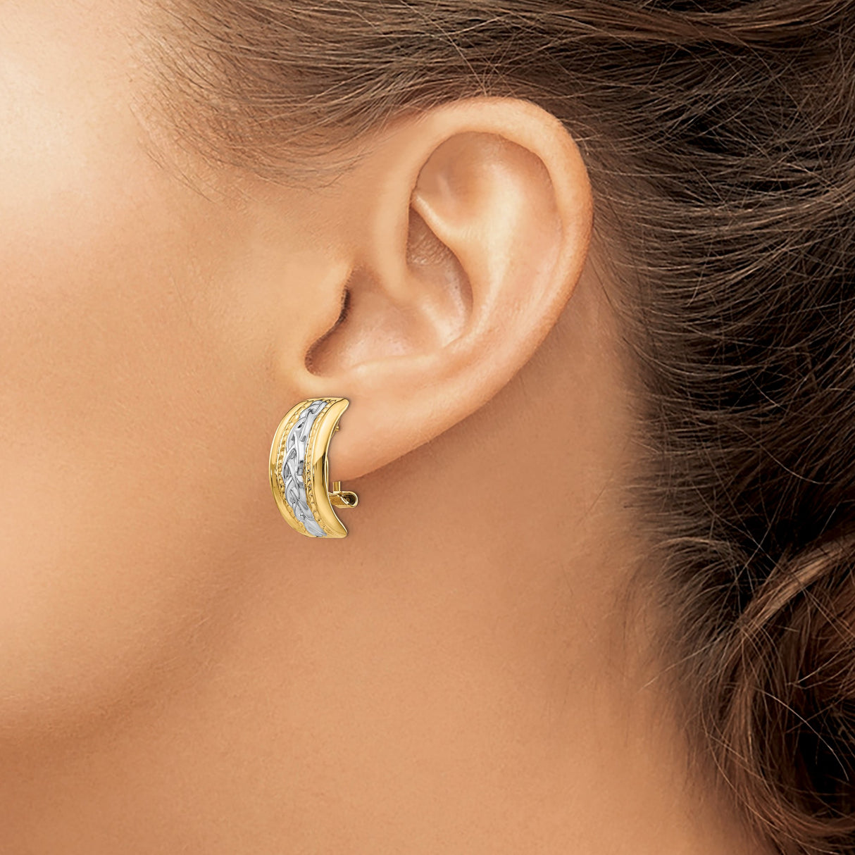 14k Yellow Gold Hoop Earrings, Braided Two-Tone Polished Design for Women