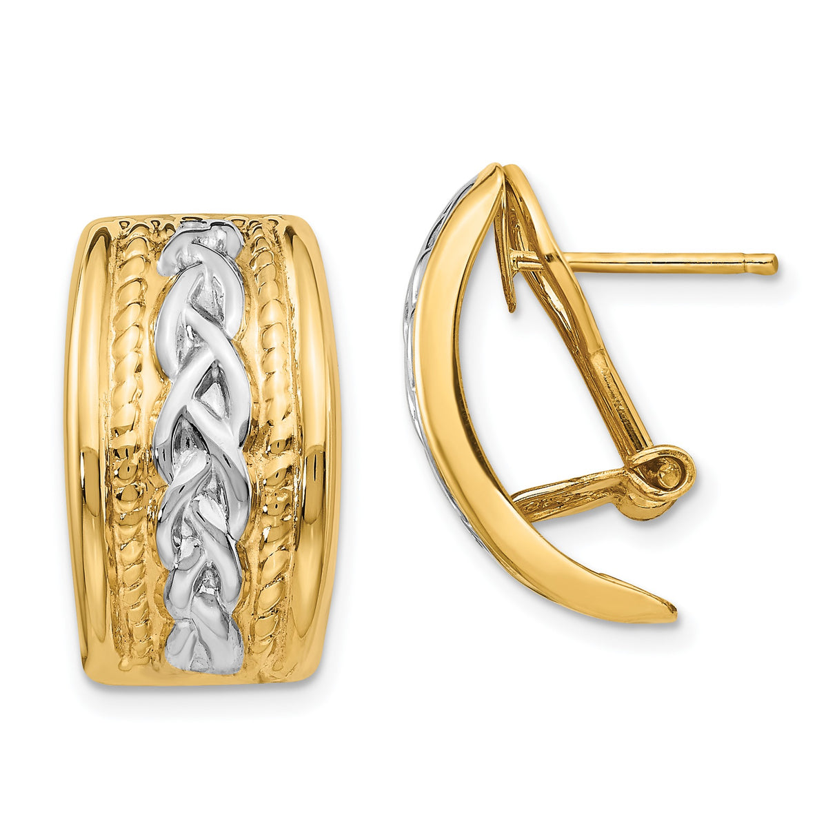 14k Yellow Gold Hoop Earrings, Braided Two-Tone Polished Design for Women