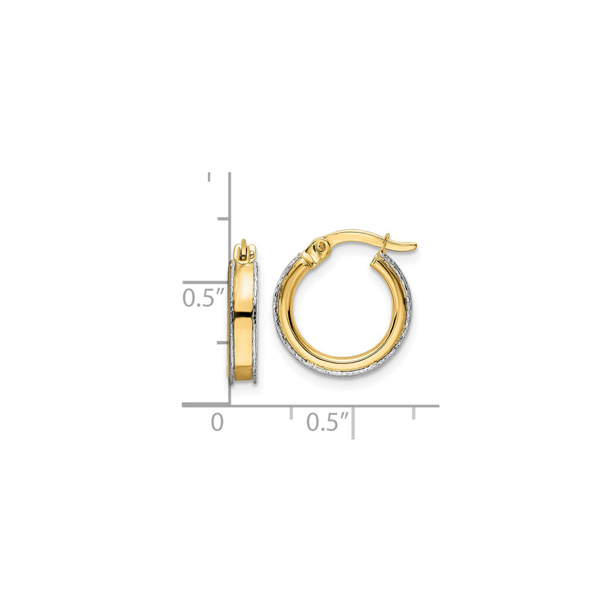 14k Two-Tone Gold Hoop Earrings with Textured White Gold Edges and Polished Yellow Center