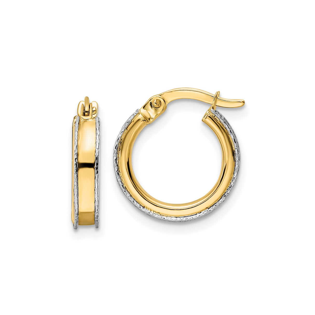 14k Two-Tone Gold Hoop Earrings with Textured White Gold Edges and Polished Yellow Center