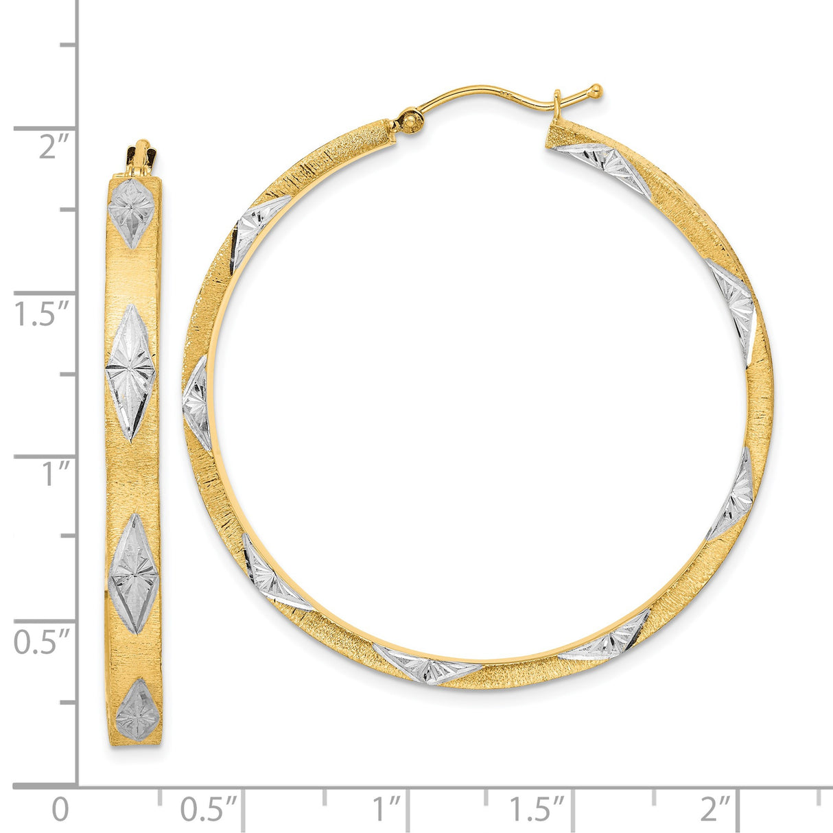 14k Yellow Gold Hoop Earrings with Diamond-Cut Marquise Accents, Two-Tone Textured Design
