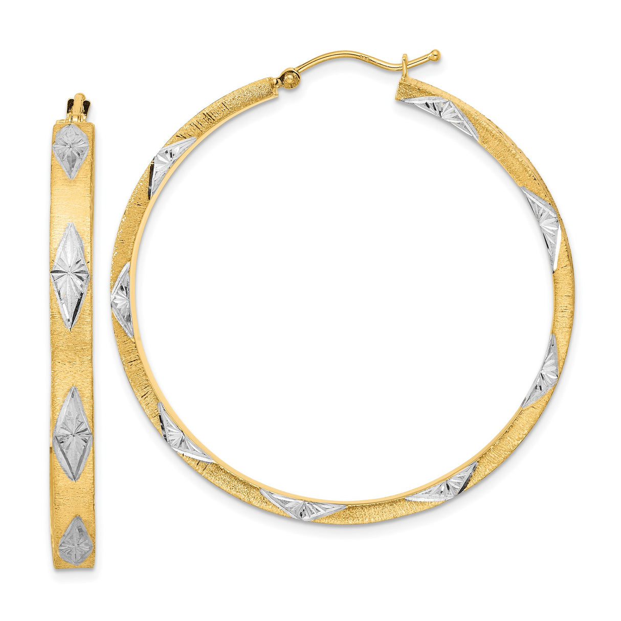 14k Yellow Gold Hoop Earrings with Diamond-Cut Marquise Accents, Two-Tone Textured Design