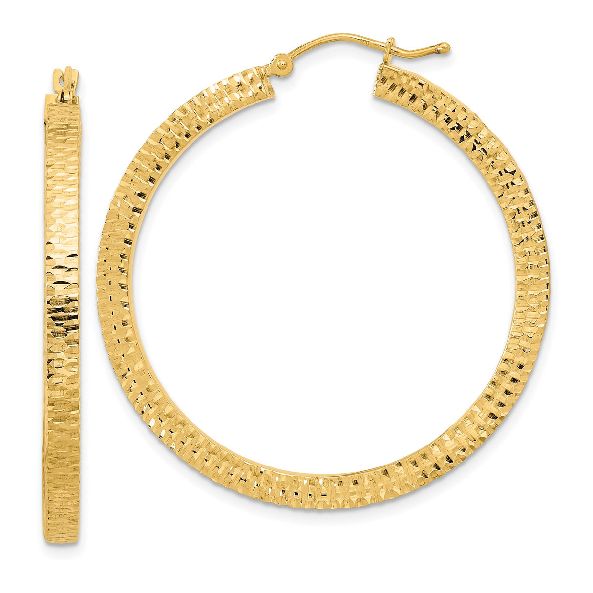 14k Yellow Gold Hoop Earrings, Textured Diamond Cut Wide Hoops, Classic Bold Design for Women