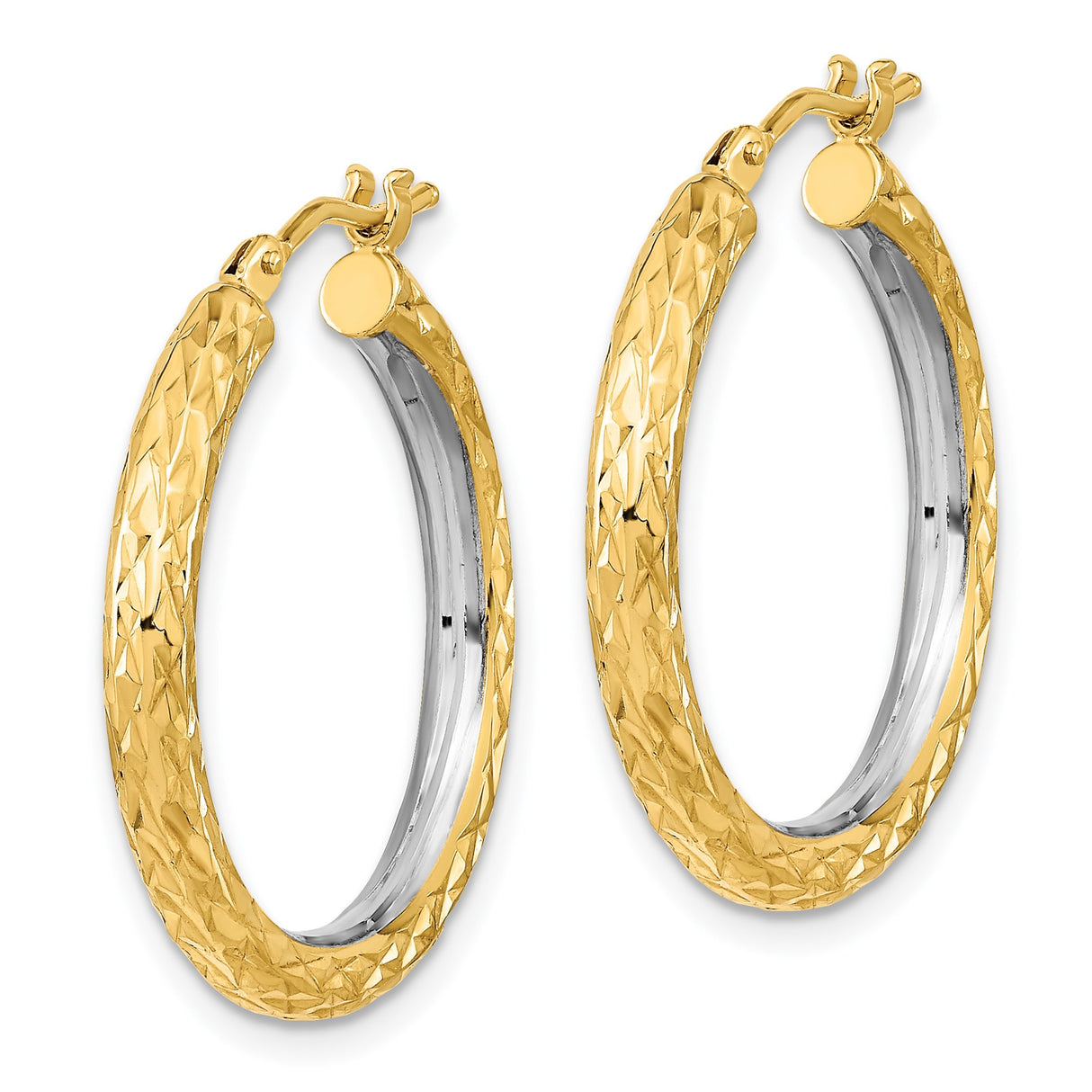 14k Yellow Gold Hoop Earrings, Textured Diamond Cut Finish, Two Tone Polished Style