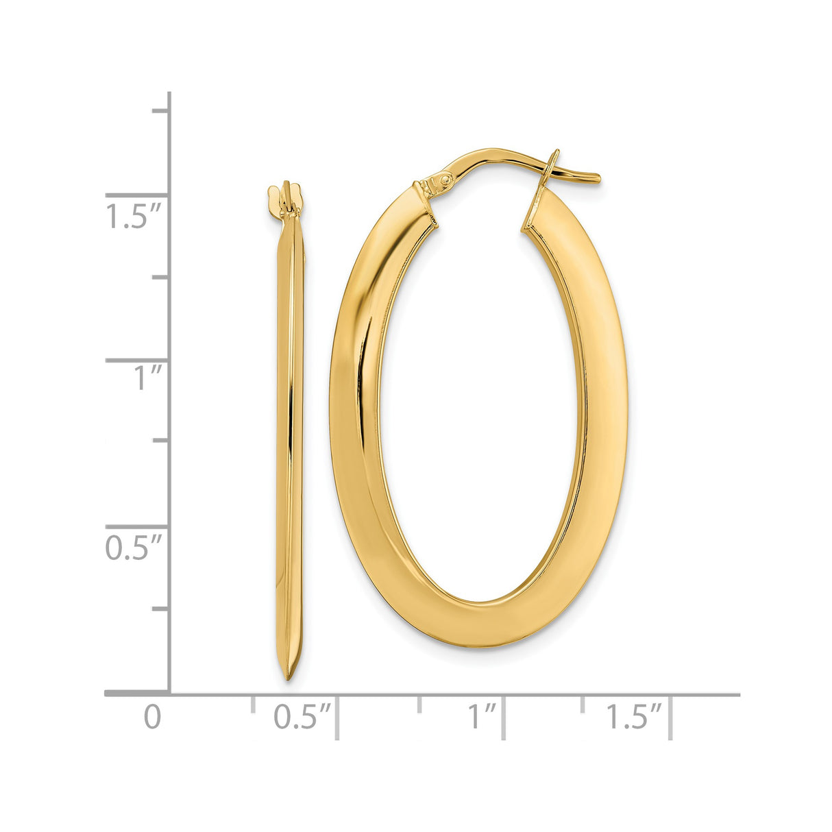 14k Yellow Gold Oval Hoop Earrings, Latch-Back Closure, High-Polish, Lightweight, Medium Size