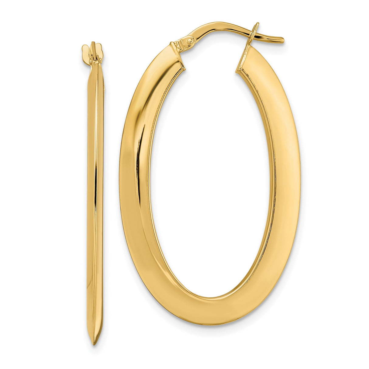 14k Yellow Gold Oval Hoop Earrings, Latch-Back Closure, High-Polish, Lightweight, Medium Size