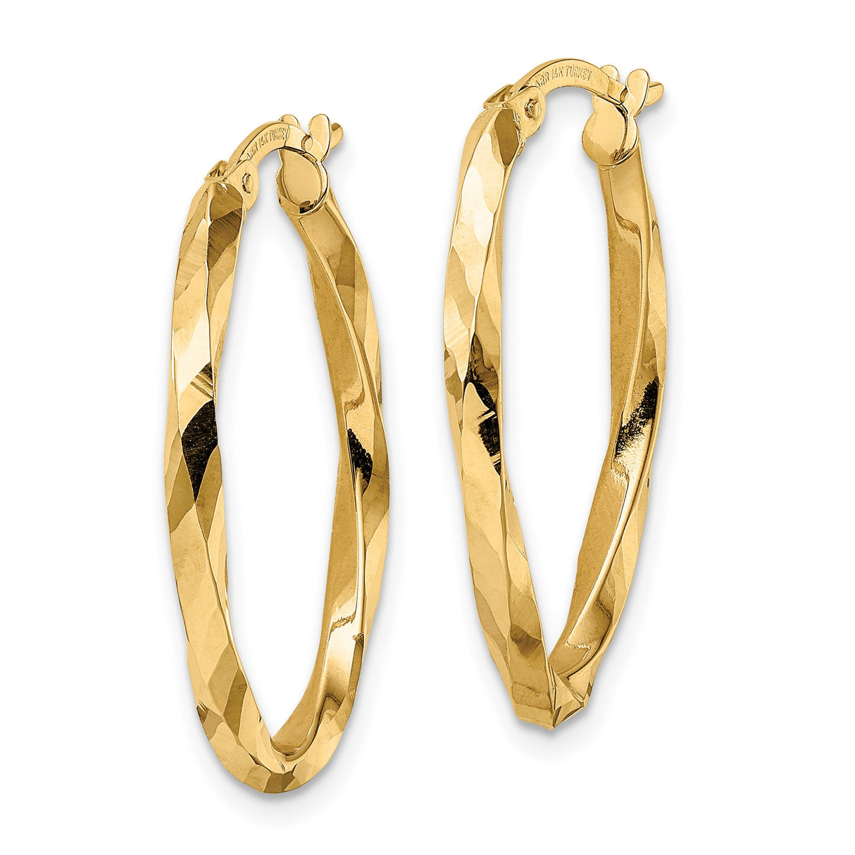 14k Yellow Gold Twisted Oval Hoop Earrings with Diamond Cut Texture, Latch Back Closure