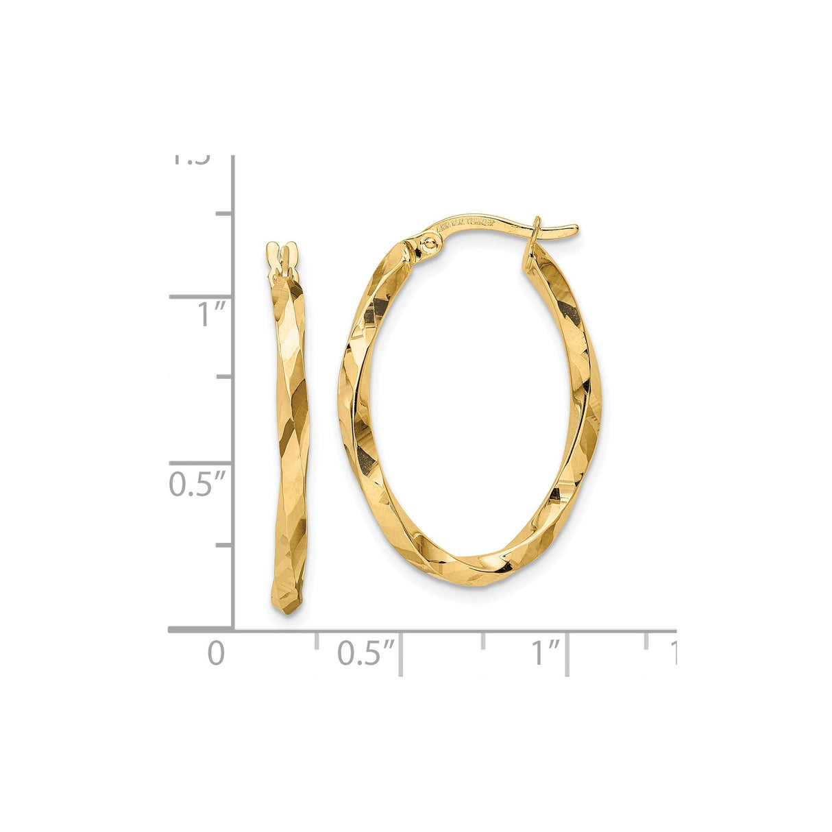 14k Yellow Gold Twisted Oval Hoop Earrings with Diamond Cut Texture, Latch Back Closure