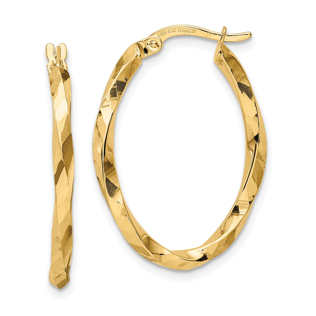 14k Yellow Gold Twisted Oval Hoop Earrings with Diamond Cut Texture, Latch Back Closure