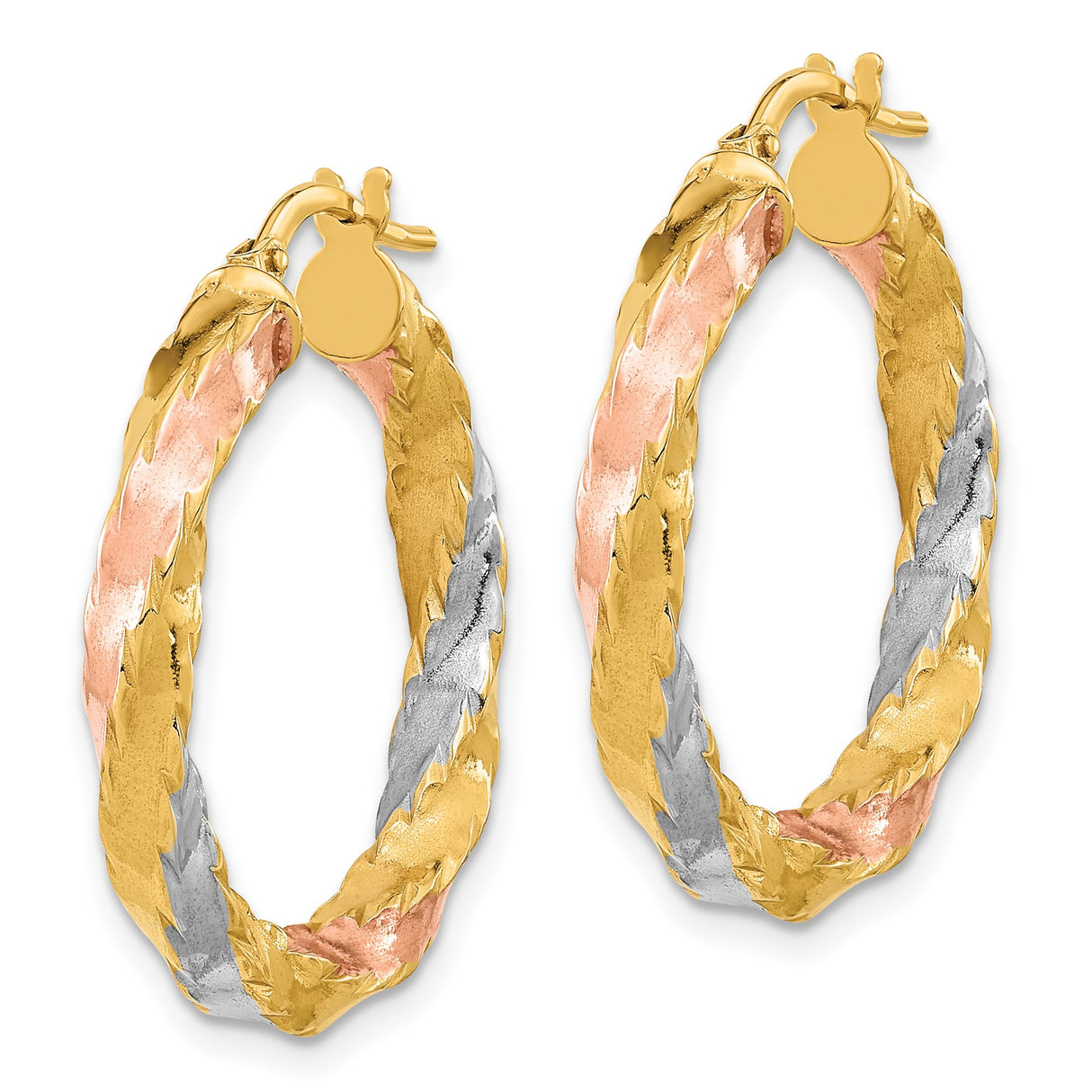 14k Yellow Gold Hoop Earrings, Tri-Color Twisted Braided Design for Women