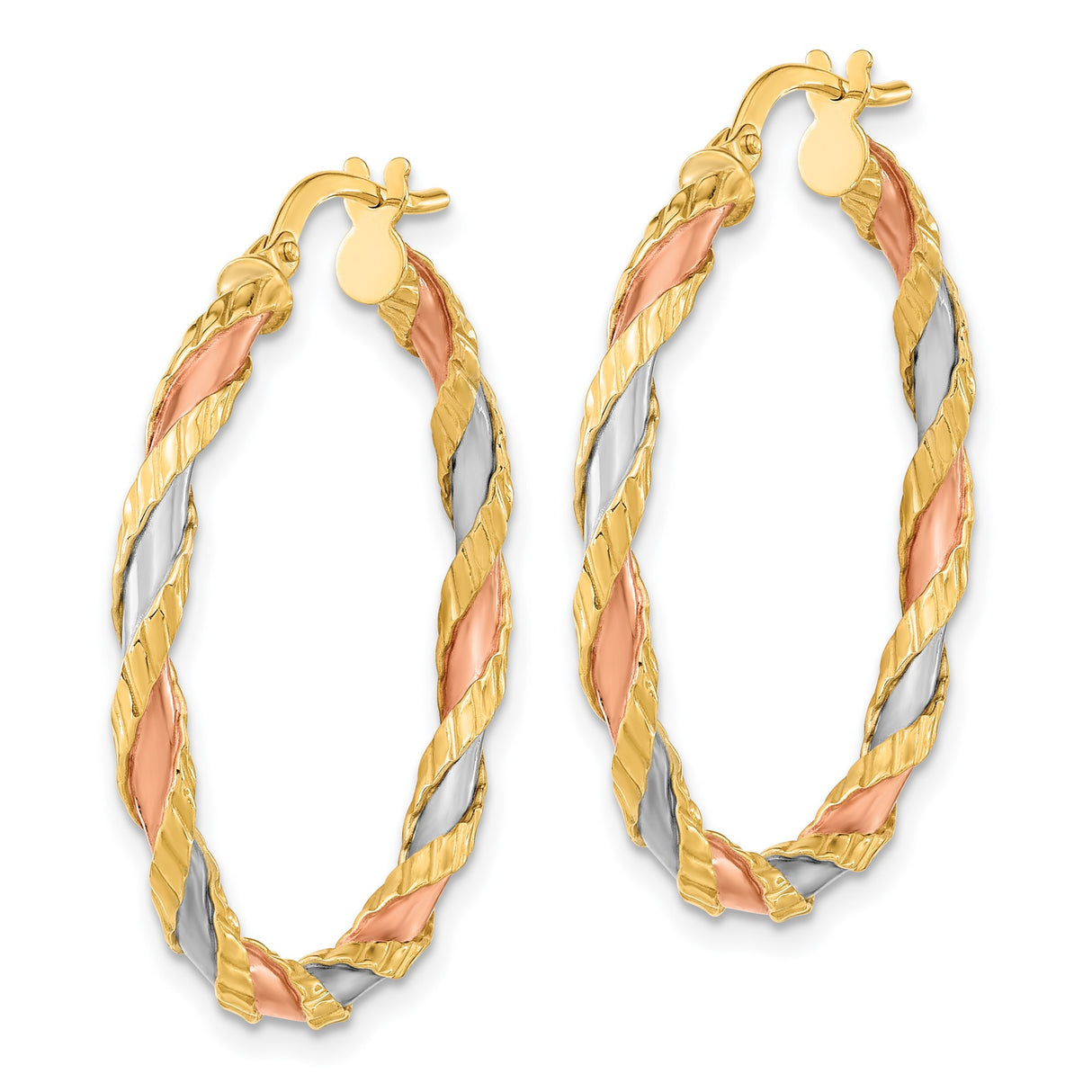 14k Yellow Gold Tri-Color Twisted Hoop Earrings, Braided Textured Design for Women