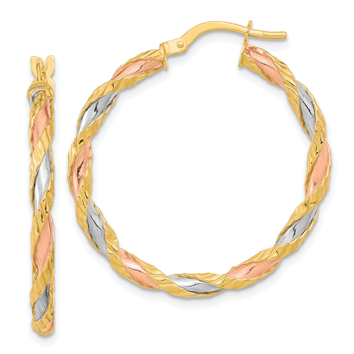 14k Yellow Gold Tri-Color Twisted Hoop Earrings, Braided Textured Design for Women