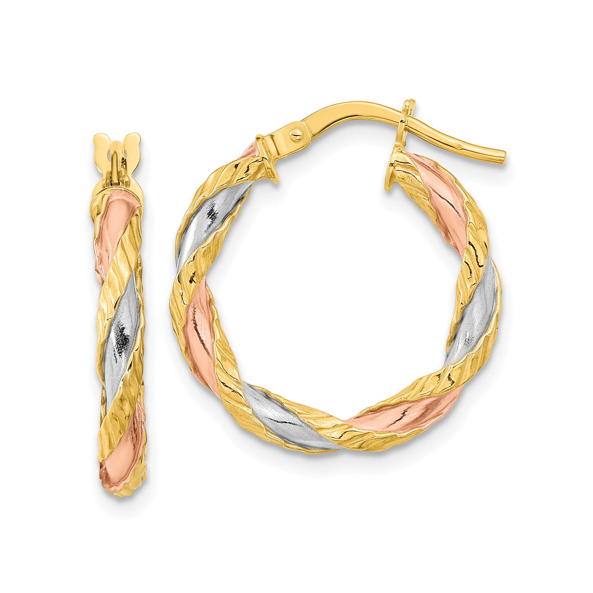 14k Tri Color Gold Twisted Hoop Earrings with Braided Design for Women