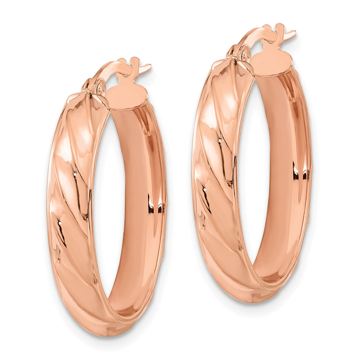 14k Rose Gold Twisted Oval Hoop Earrings, Polished Textured Design, Hinged Clasp, Lightweight