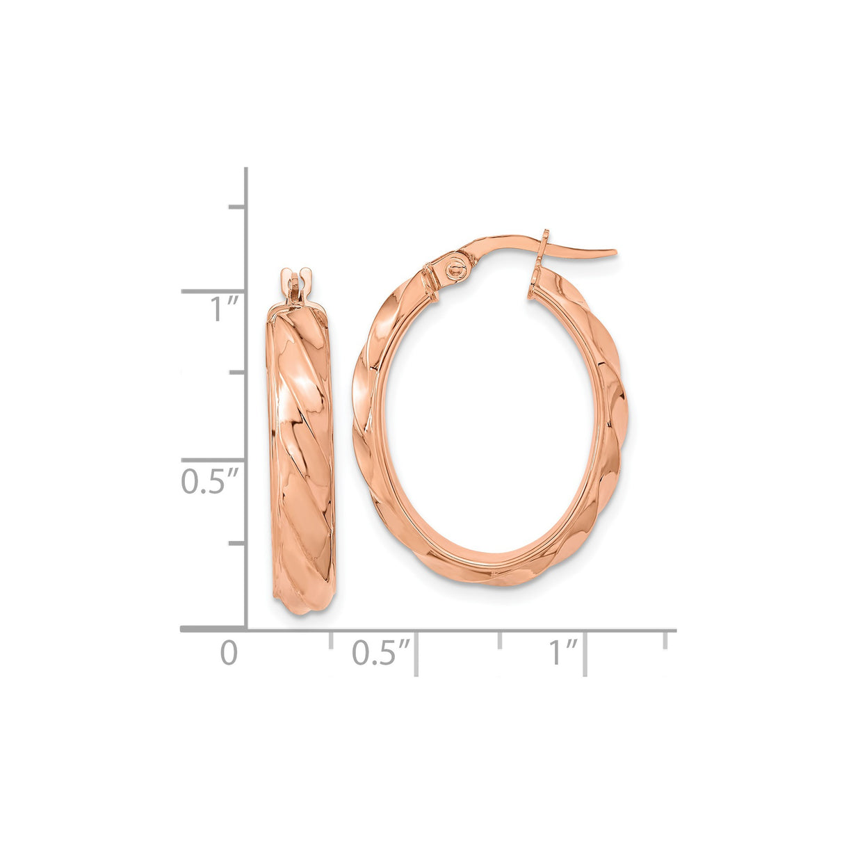 14k Rose Gold Twisted Oval Hoop Earrings, Polished Textured Design, Hinged Clasp, Lightweight