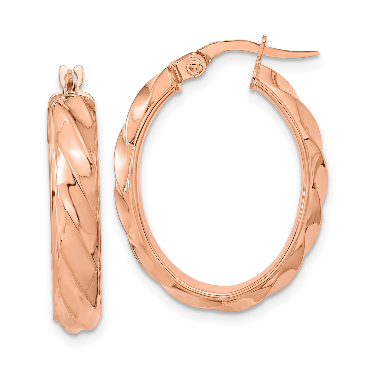 14k Rose Gold Twisted Oval Hoop Earrings, Polished Textured Design, Hinged Clasp, Lightweight