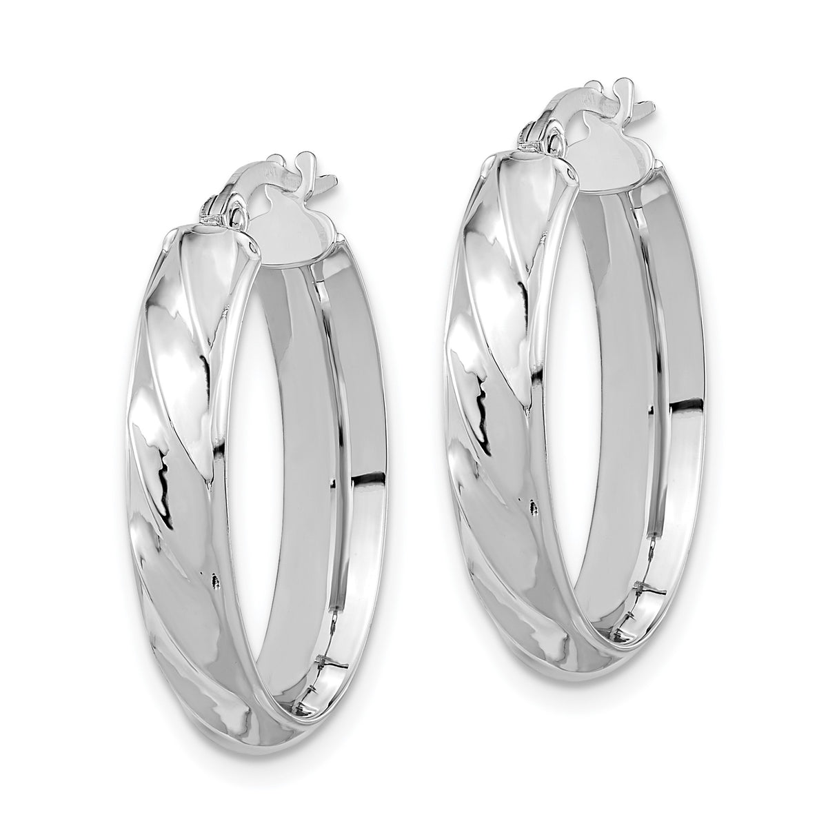 14k White Gold Hoop Earrings with Twisted Diamond-Cut Oval Design and Latch-Back Closure